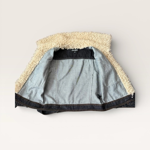 Steve Madden Dark Denim Jacket Plush Lapel Zip Sleeves Size M Timeless Mob Wife - Picture 12 of 14